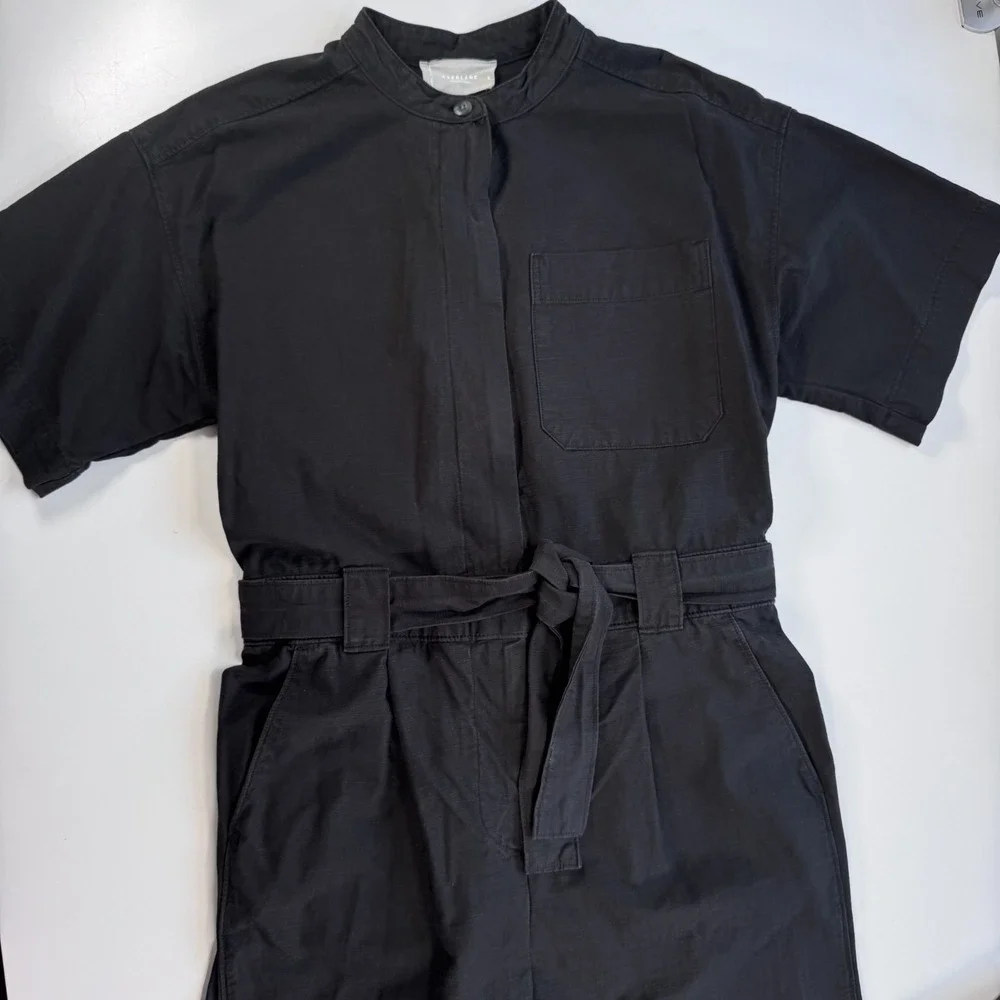 EVERLANE Fatigue Short Sleeve Jumpsuit Womens 8 Faded Black Organic Cotton/Linen
